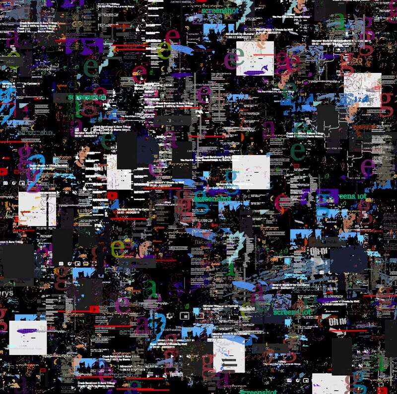 A frame of the visuals: fragments of text, screenshots and glyphs scattered over black