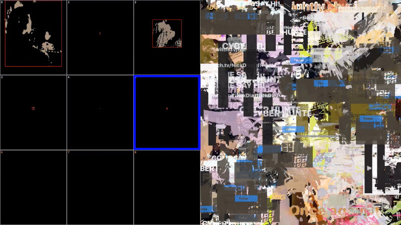 The software: a grid of small panels on the left, the layered collage it builds on the right