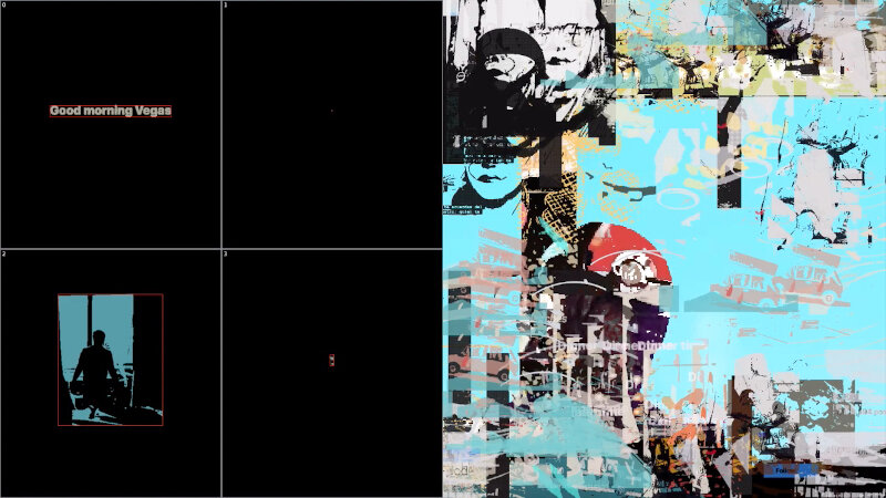 The software composing a collage in pale blue, faces and text cut into it