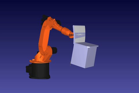 A 3D simulation of the arm holding a chair, on a blue background