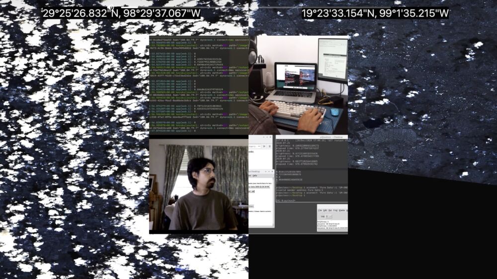 A still from the video: two satellite images labeled with coordinates, overlaid with windows of webcam feeds, code, and people working at computers