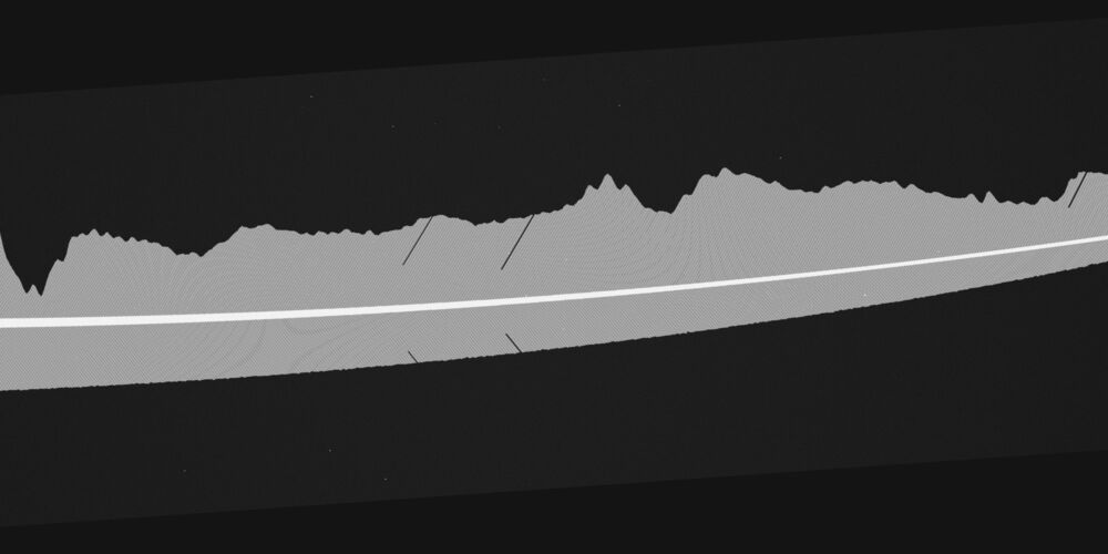 A simulated scan of a feather lying on dark glass, its vane cut so that the upper edge traces one vibration of a voice