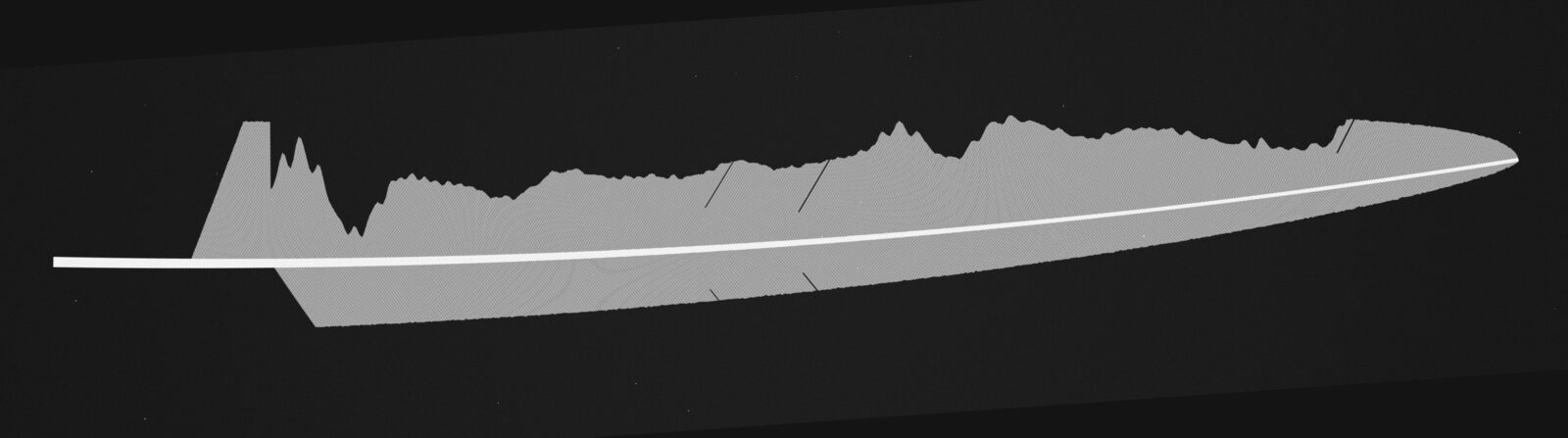 A simulated scan of a feather lying on dark glass, its vane cut so that the upper edge traces one vibration of a voice