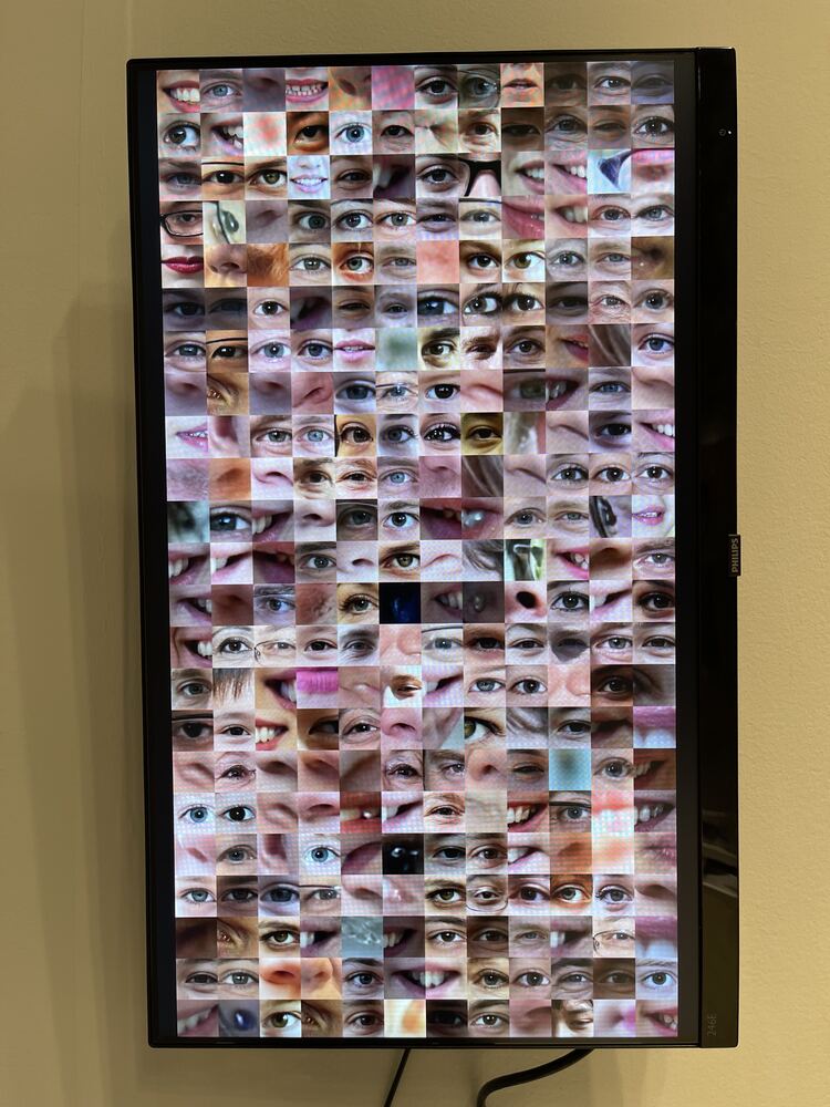 The monitor up close: a grid of hundreds of cropped eyes, and a few mouths