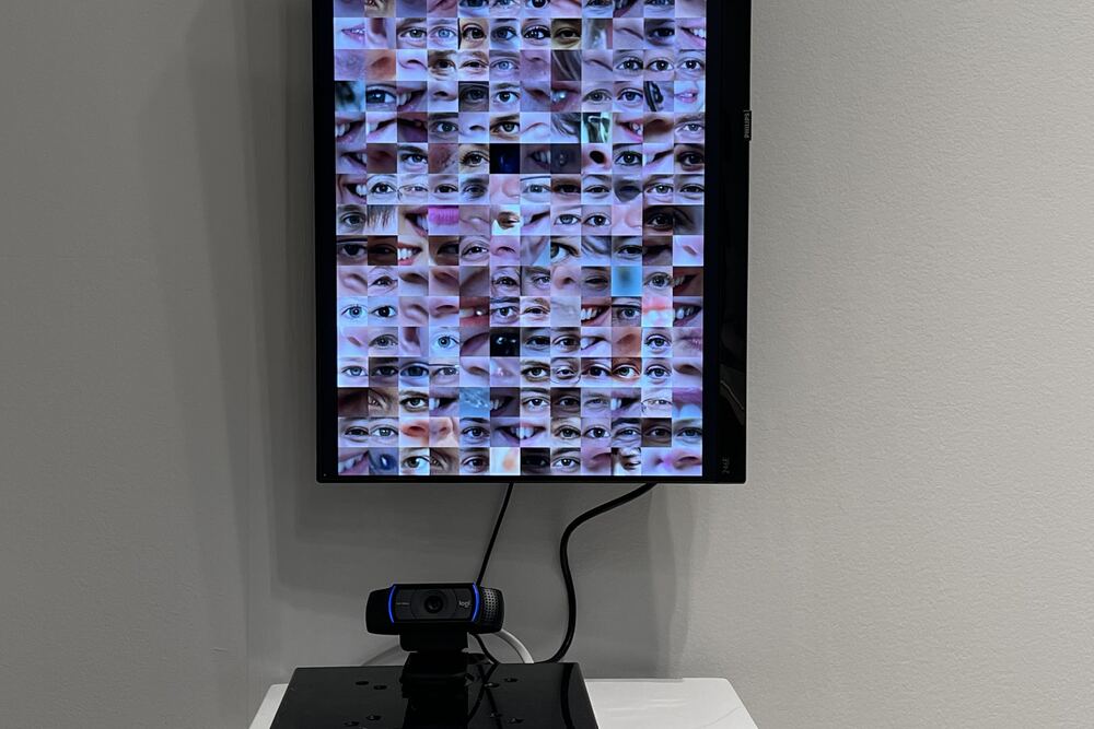 The webcam on a small computer on the plinth, under the monitor
