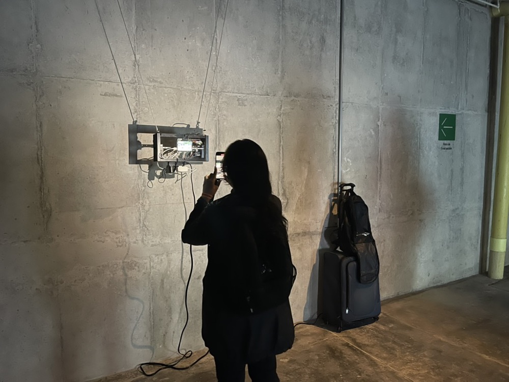 A visitor photographing the screen with a phone